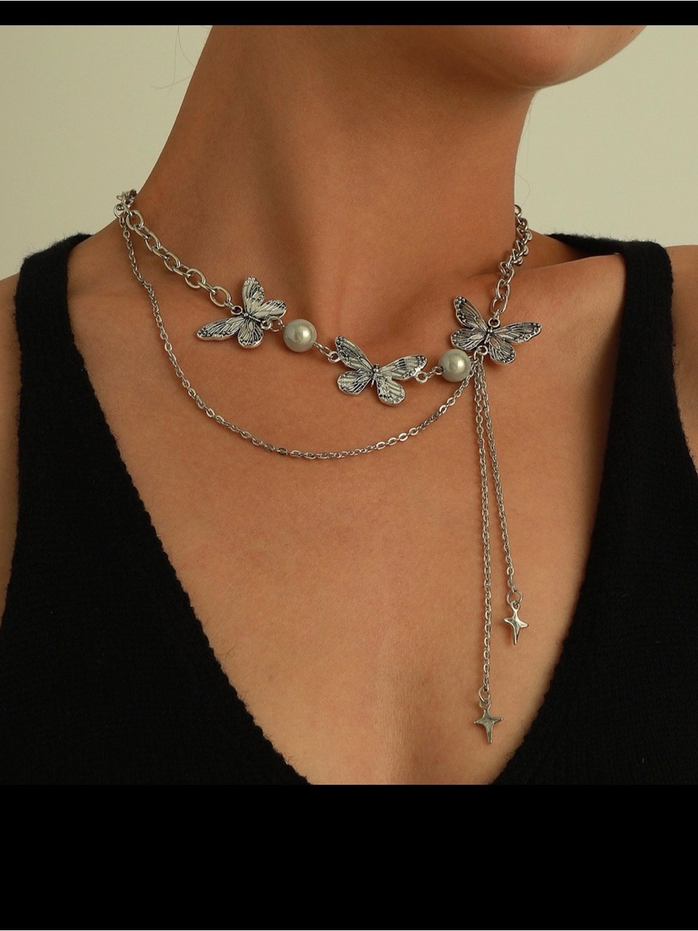 Silver Butterfly Multi-Chain Necklace with Pearls